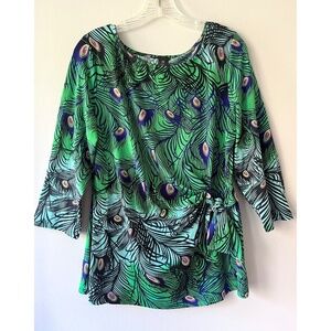 MT COLLECTION Sz XL Stretch Elbow Sleeve Top‎ Blouse Peacock Print Waist Knot